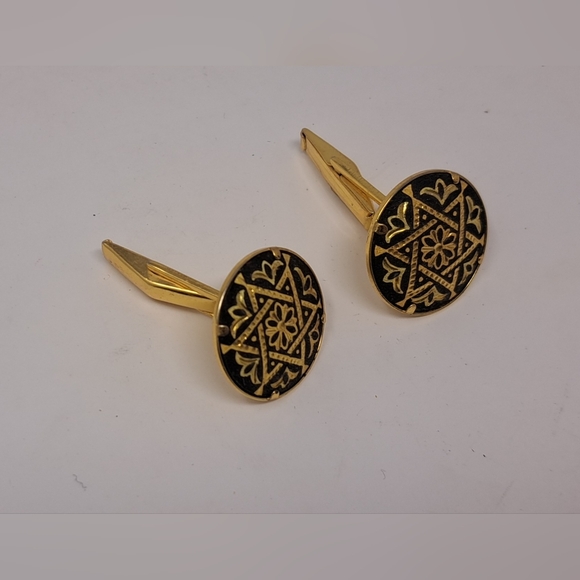 Vintage Men's Cufflinks 24 Karat Fine Gold 70s Spain Star Filigree Black Gold - Picture 8 of 13